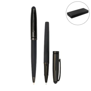 Black Metal Pen Set with Matte & Glossy Finish in PU Leather Box - Image 1