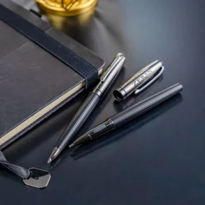 Black Metal Pen Set with Matte & Glossy Finish in PU Leather Box - Image 2